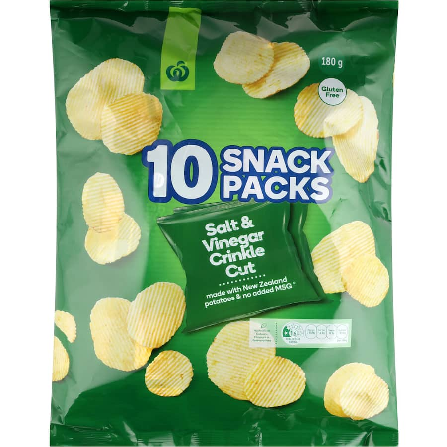 Woolworths Salt & Vinegar Crinkle Cut Potato Chips 180g, crafted from New Zealand potatoes for bold flavor and maximum crunch.