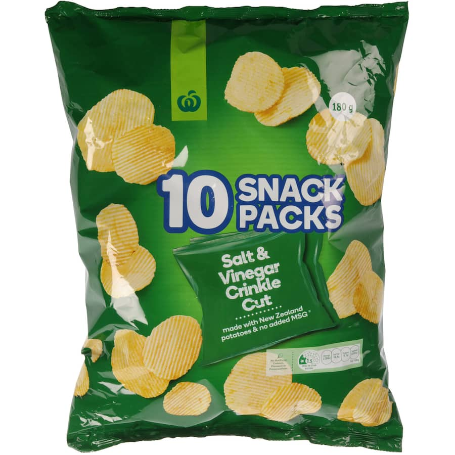 Woolworths 180g Salt & Vinegar Crinkle Cut Potato Chips, offering bold flavor and maximum crunch for a perfect snack.