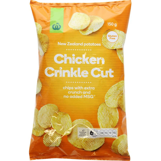 Woolworths Chicken Crinkle Cut Chips, crispy and flavorful, made from premium New Zealand potatoes with no artificial additives.