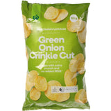 Crunchy Woolworths Green Onion Crinkle Cut Chips made from New Zealand potatoes, offering bold flavor and no artificial additives.