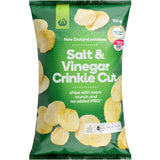 Woolworths Salt Vinegar Crinkle Cut Chips, made from New Zealand potatoes, offer crunchy texture and bold flavor without additives.