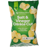 Crinkle-cut salt and vinegar chips made from New Zealand potatoes, crispy and bursting with flavor, perfect for snacking.