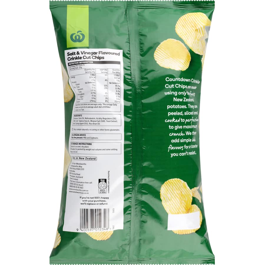 Woolworths Salt Vinegar Crinkle Cut Chips, crunchy New Zealand potato snacks with bold flavor, no artificial additives.