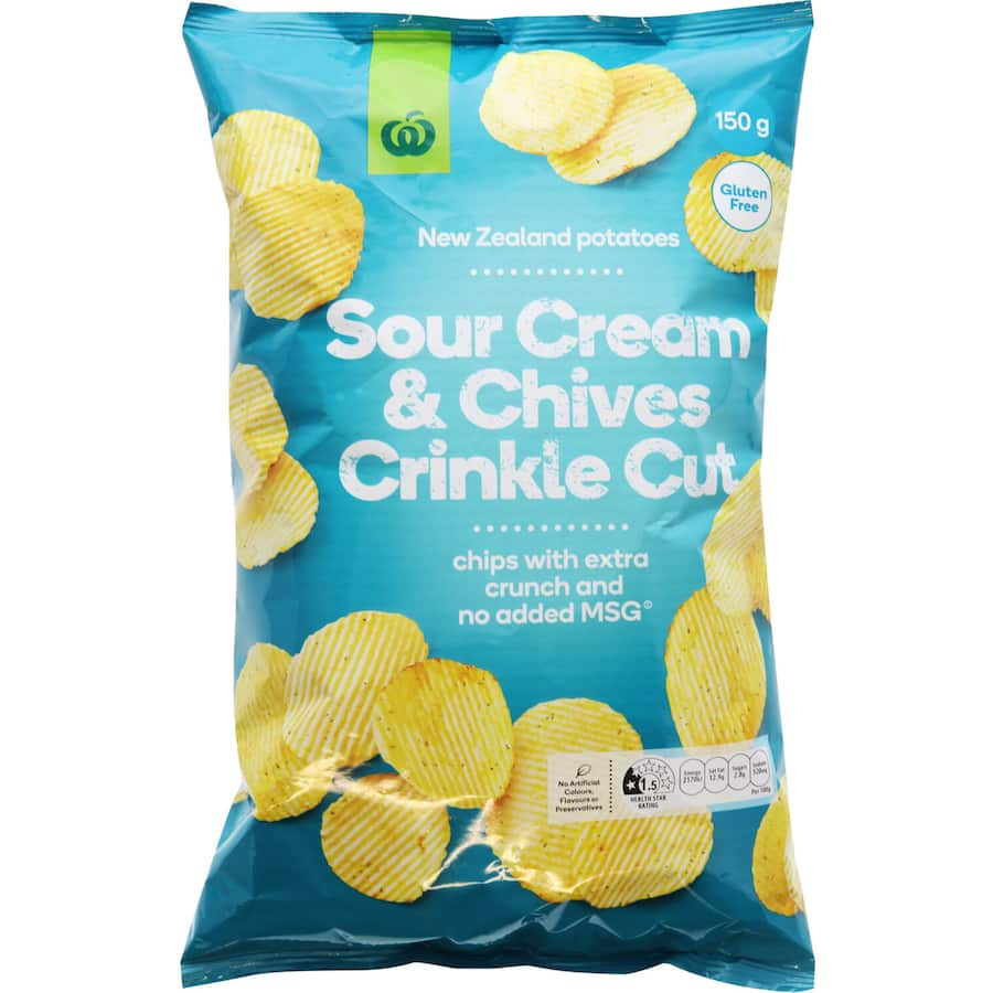 Woolworths Sour Cream Chives Crinkle Cut Chips: Crunchy New Zealand potato chips with creamy, zesty flavors, perfect for snacking.