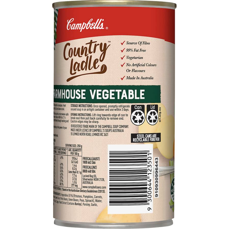 Canned Campbell's Country Ladle Farmhouse Vegetable Soup with fresh veggies, low calories, and 99% fat-free goodness.