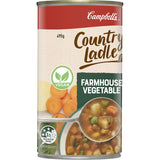 Canned Campbell's Country Ladle Farmhouse Vegetable Soup, featuring fresh vegetables, grains, and low calories, 99% fat-free.