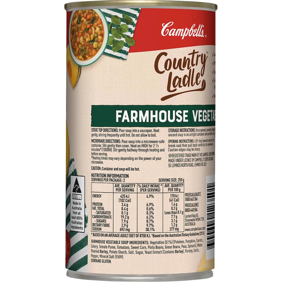 Canned Campbell's Country Ladle Vegetable Soup, 99% fat-free with fresh vegetables and grains, perfect for a quick meal.