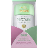 Mitchum Clinical Roll On Powder Fresh Gel, a clear gel antiperspirant offering strong sweat protection and fresh scent.