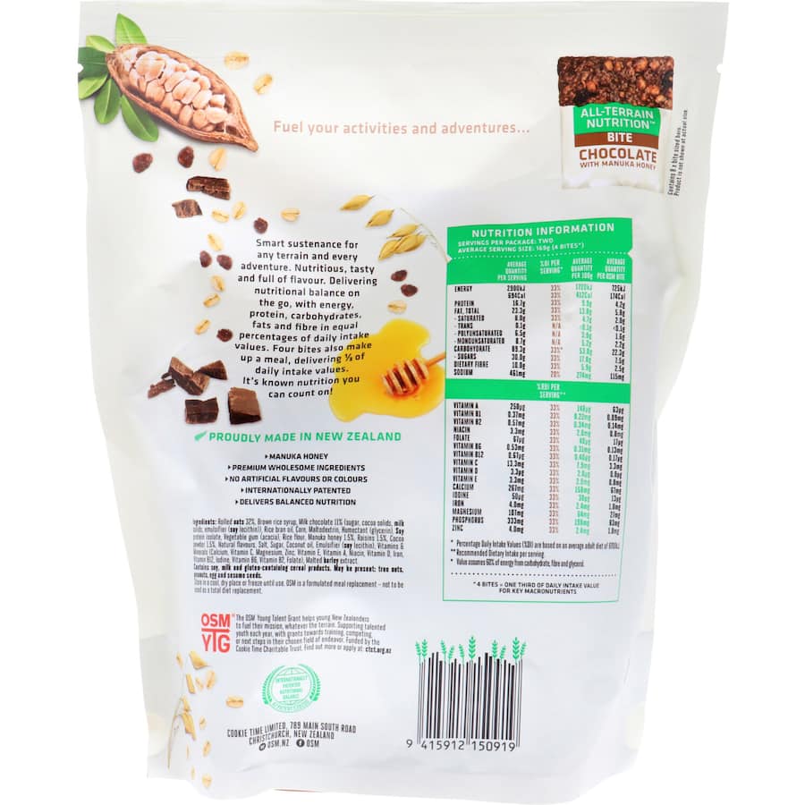 One Square Meal Muesli Bites with chocolate bits, combining smooth milk chocolate, manuka honey, and whole grains for a nutritious snack.