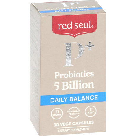 Red Seal Probiotic 5 Billion capsules, featuring 11 probiotic strains for gut health and digestive support.