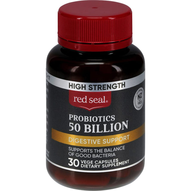 Red Seal High Strength Probiotic capsule with 50 billion live cultures for optimal digestive health and gut support.