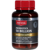 Red Seal High Strength Probiotic capsules with 50 billion cultures for optimal digestive health and gut bacteria support.