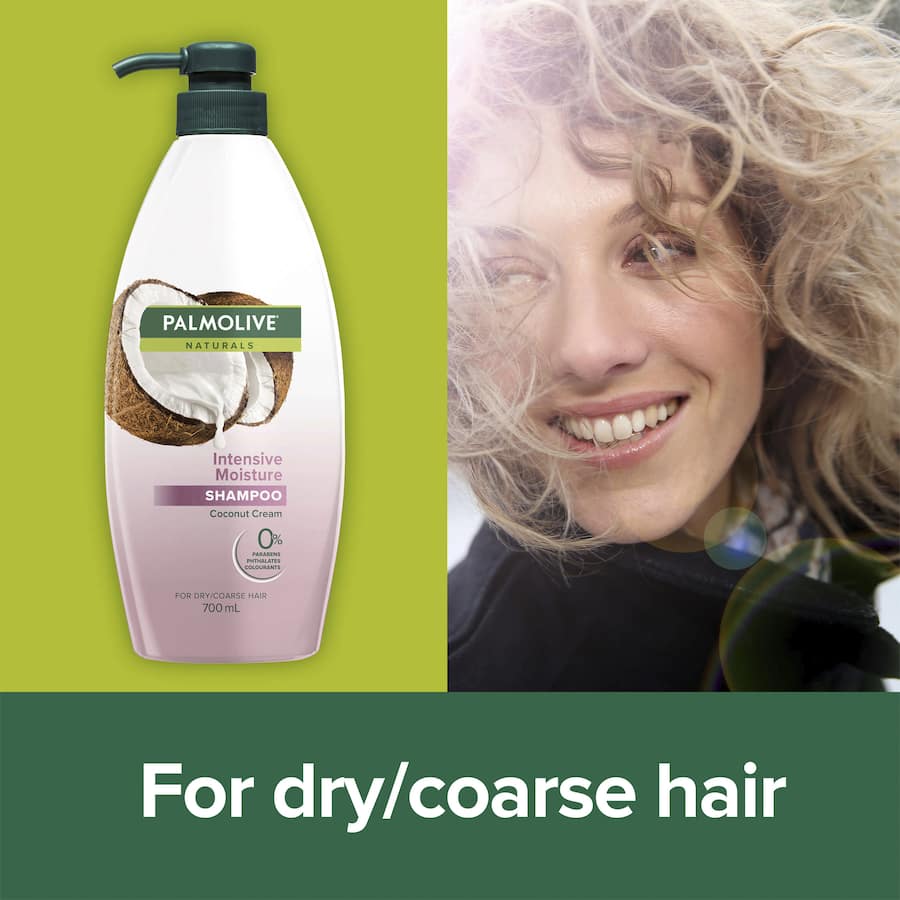 Palmolive Naturals Shampoo for dry hair, infused with natural coconut extract for deep hydration and smooth manageability.