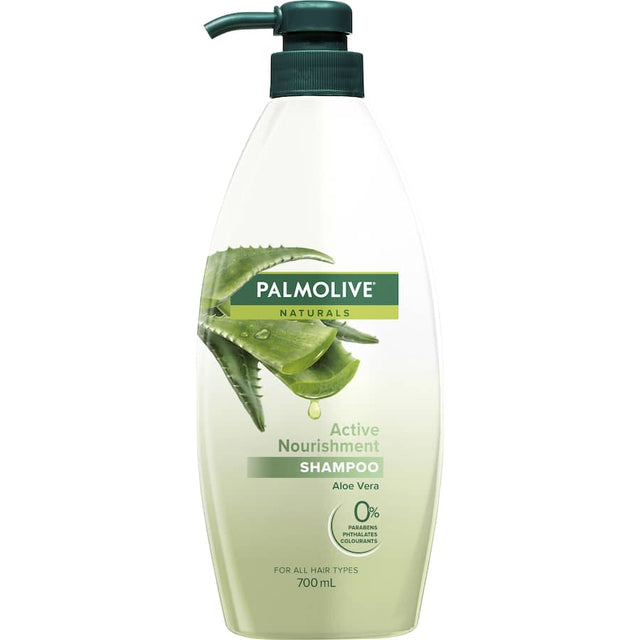 Palmolive Naturals Shampoo with Aloe Vera, nourishing for all hair types, free from parabens and colorants in a recyclable bottle.