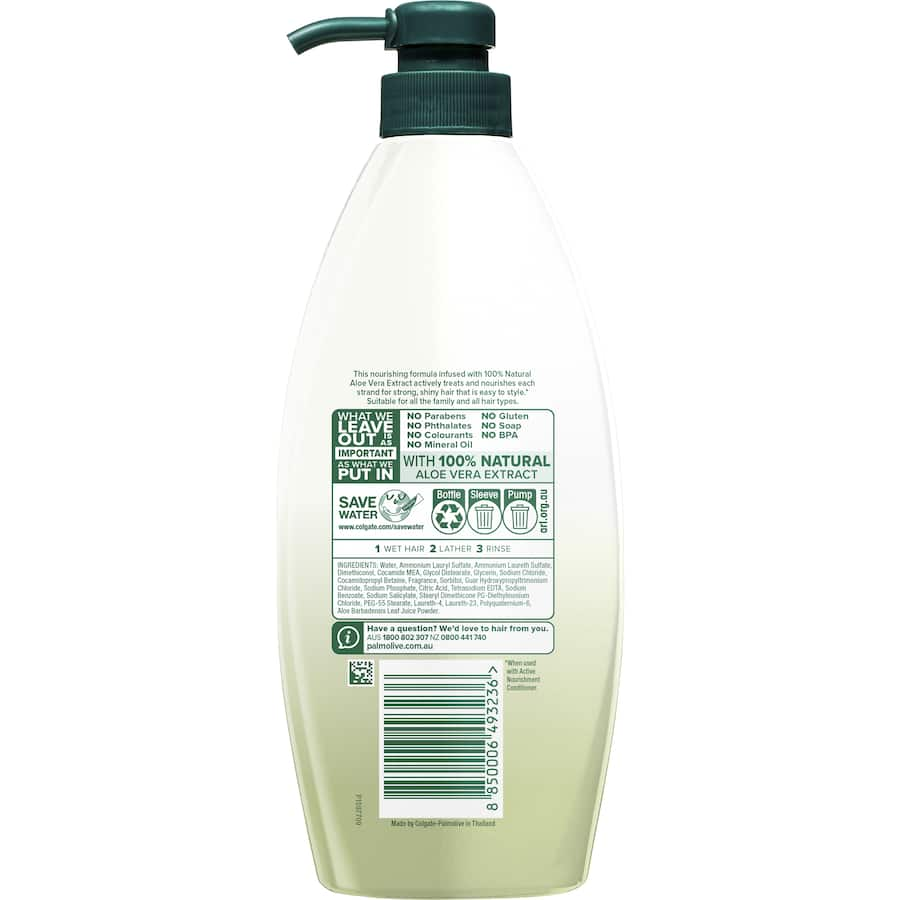 Aloe Vera-infused Palmolive Naturals Shampoo for strong, shiny hair, free from parabens and eco-friendly packaging.