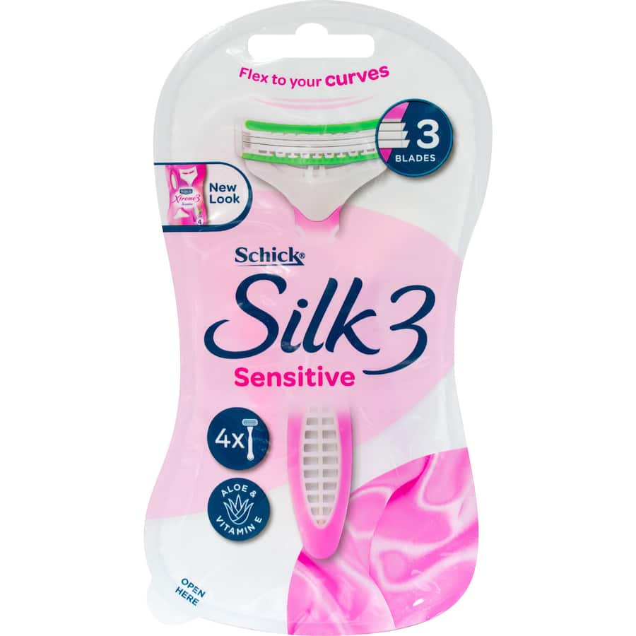 Schick Silk 3 Disposable Razor for sensitive skin, featuring three ultra-thin blades and a moisturizing strip for smooth shaving.