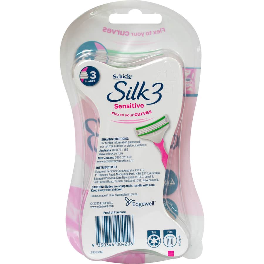 Schick Silk 3 Disposable Razor Sensitive with three blades, moisturizing strip, and flexible head for smooth, irritation-free shaving.