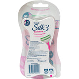 Schick Silk 3 Disposable Razor Sensitive with three blades, moisturizing strip, and flexible head for smooth, irritation-free shaving.