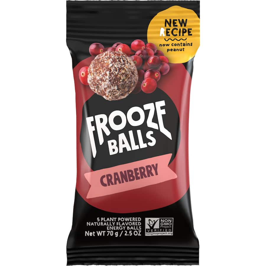 Coconut-covered Frooze Balls with cranberries, dates, and nuts; a healthy, vegan, and gluten-free snack option.