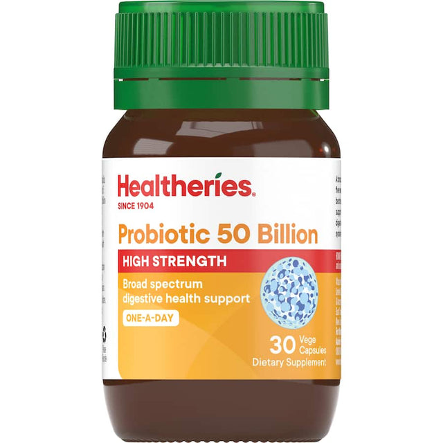 Healtheries Probiotica Probiotic 50 Billion capsules, promoting gut health with 50 billion CFUs from 14 probiotic strains.