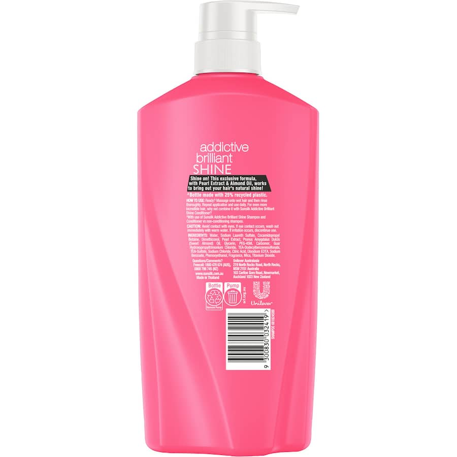 Sunsilk Addictive Brilliant Shine Shampoo bottle, showcasing nourishing ingredients for shiny, silky hair.