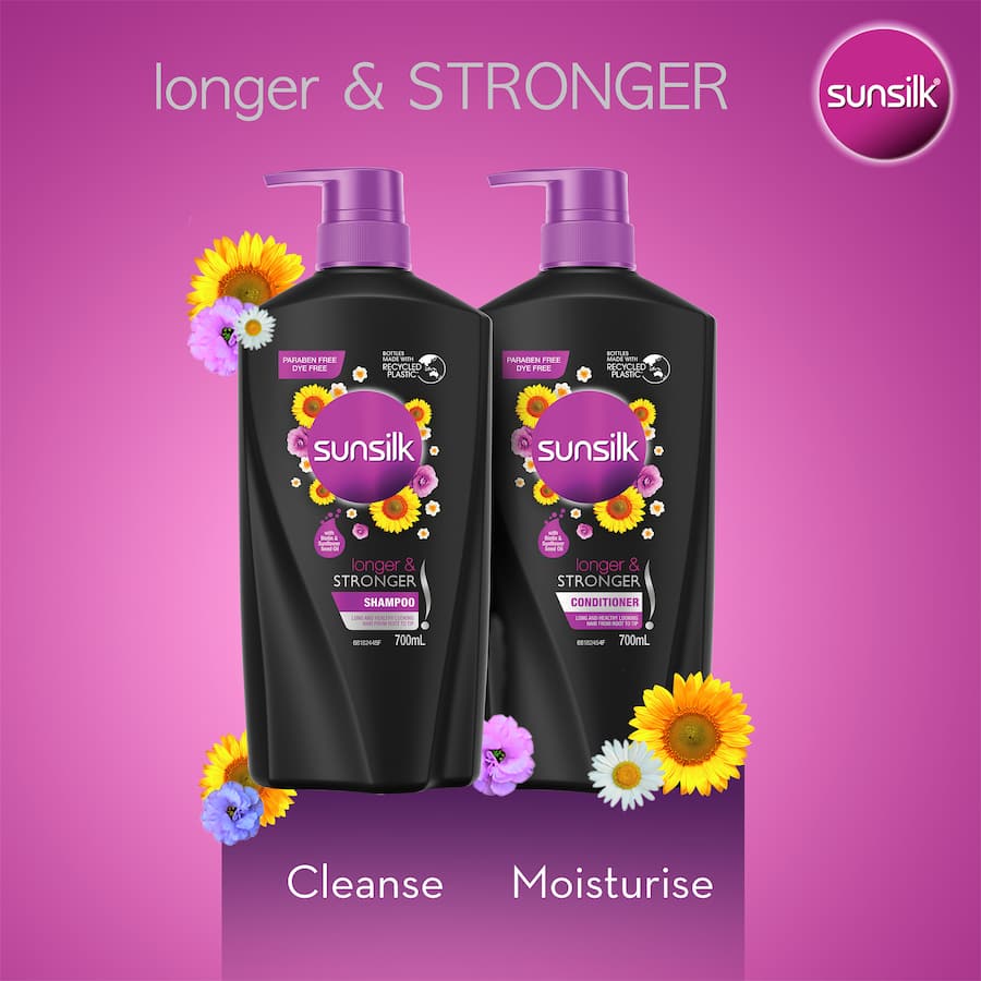 Sunsilk Longer & Stronger Shampoo bottle, enriched with biotin and sunflower oil for hair growth and hydration.