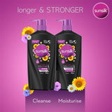 Sunsilk Longer & Stronger Shampoo bottle, enriched with biotin and sunflower oil for hair growth and hydration.