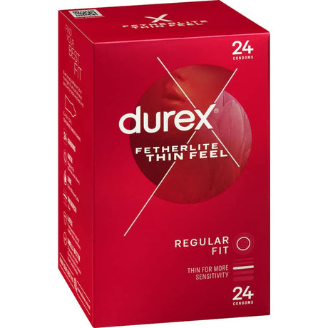 Durex Fetherlite Thin Feel Condoms provide enhanced sensitivity, pre-lubricated, featuring ribs and dots for added stimulation.