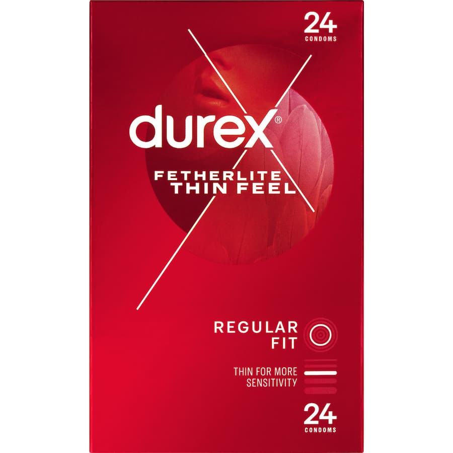 Durex Fetherlite Thin Feel Condoms: ultra-thin, pre-lubricated for enhanced sensitivity and comfort, with stimulating ribs and dots.