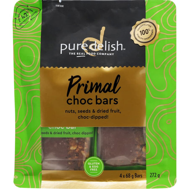 Pure Delish Primal Choc Bar multipack featuring 69% nuts, seeds, and dried fruit for a healthy, gluten-free snack.