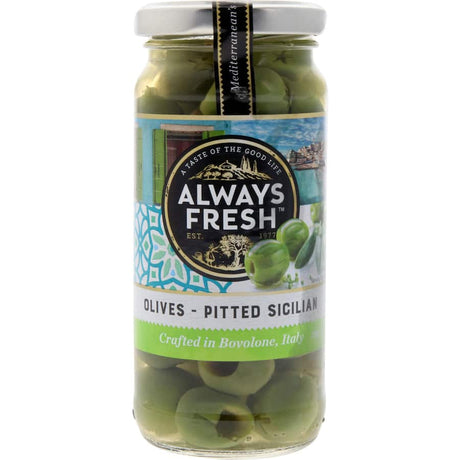 Sicilian pitted olives from Always Fresh, offering rich flavor, ideal for snacks and Mediterranean dishes.