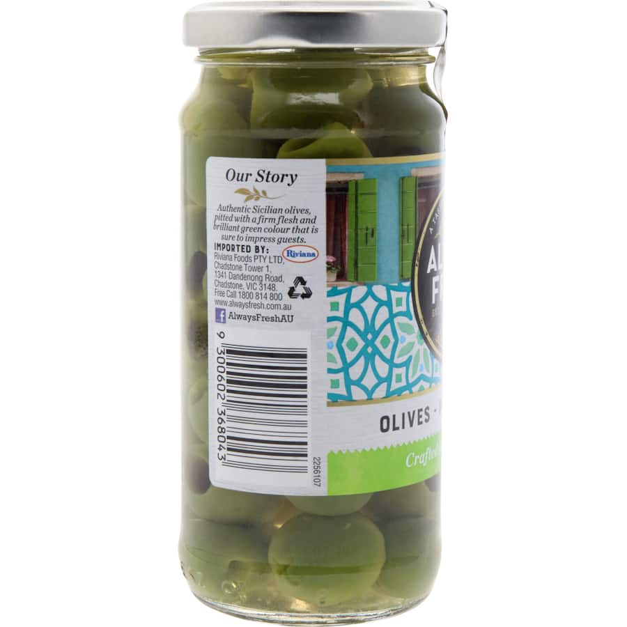 Sicilian pitted olives in a jar, known for their rich flavor and perfect for Mediterranean dishes or as a healthy snack.