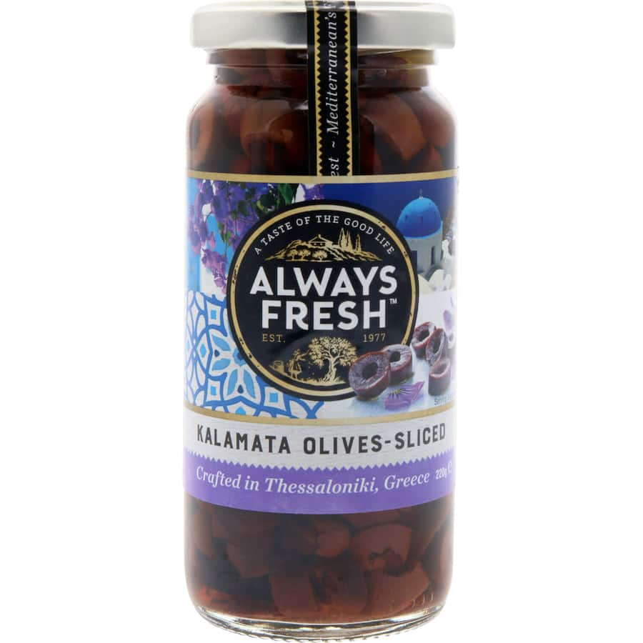 Sliced Kalamata olives in a jar, ideal for enhancing salads, pizzas, and antipasto with rich Mediterranean flavor.