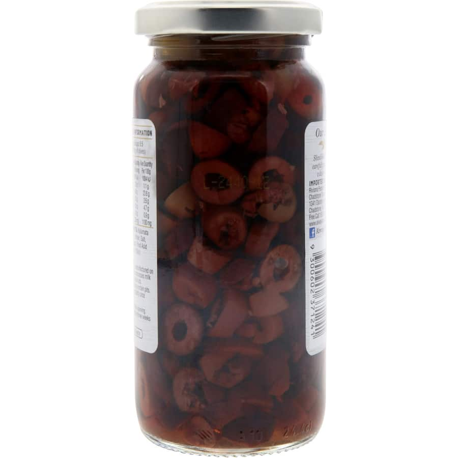 Sliced Kalamata olives in a jar, ideal for salads and antipasto, packed with flavor and health benefits.