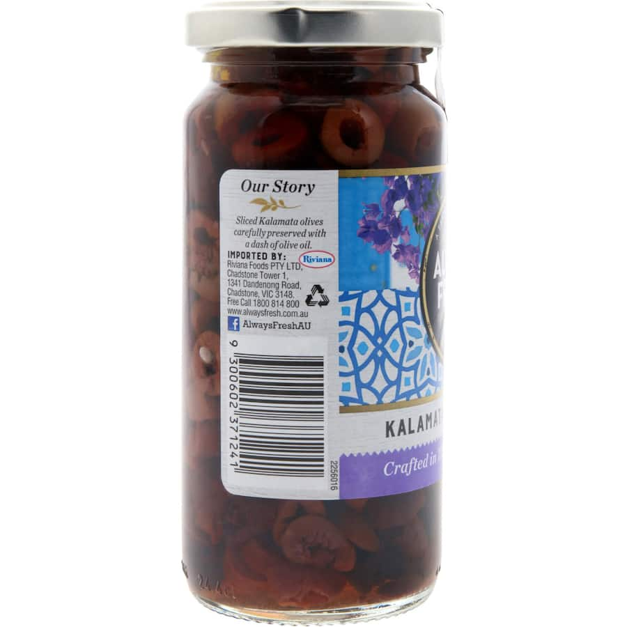 Sliced Kalamata olives in a jar, perfect for salads and antipasto, rich in flavor and healthy fats.