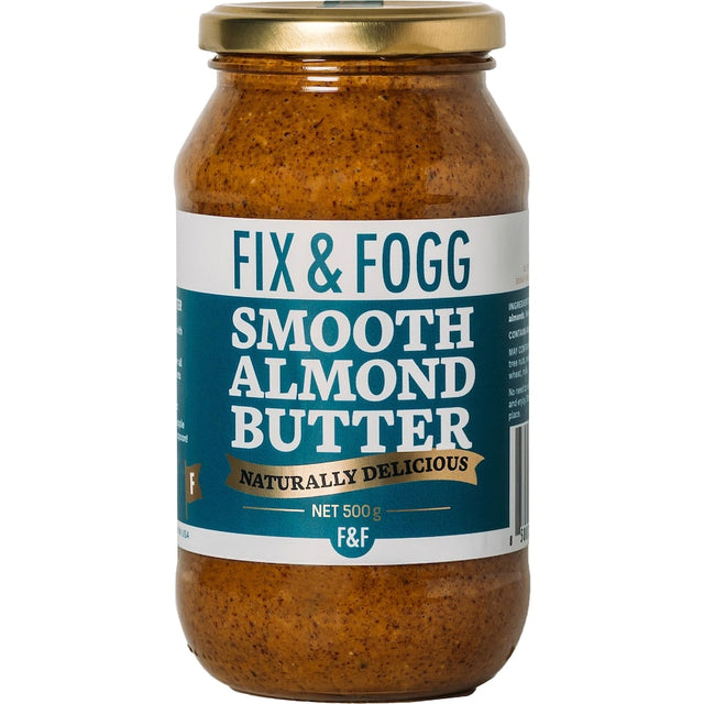 Creamy Fix & Fogg Almond Butter Smooth made from ethically sourced roasted almonds, perfect for healthy snacking and cooking.