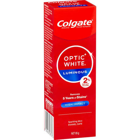 Colgate Optic White High Impact Toothpaste promises visibly whiter teeth with powerful hydrogen peroxide for stain removal.