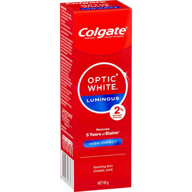 Colgate Optic White High Impact Toothpaste promises visibly whiter teeth with powerful hydrogen peroxide for stain removal.