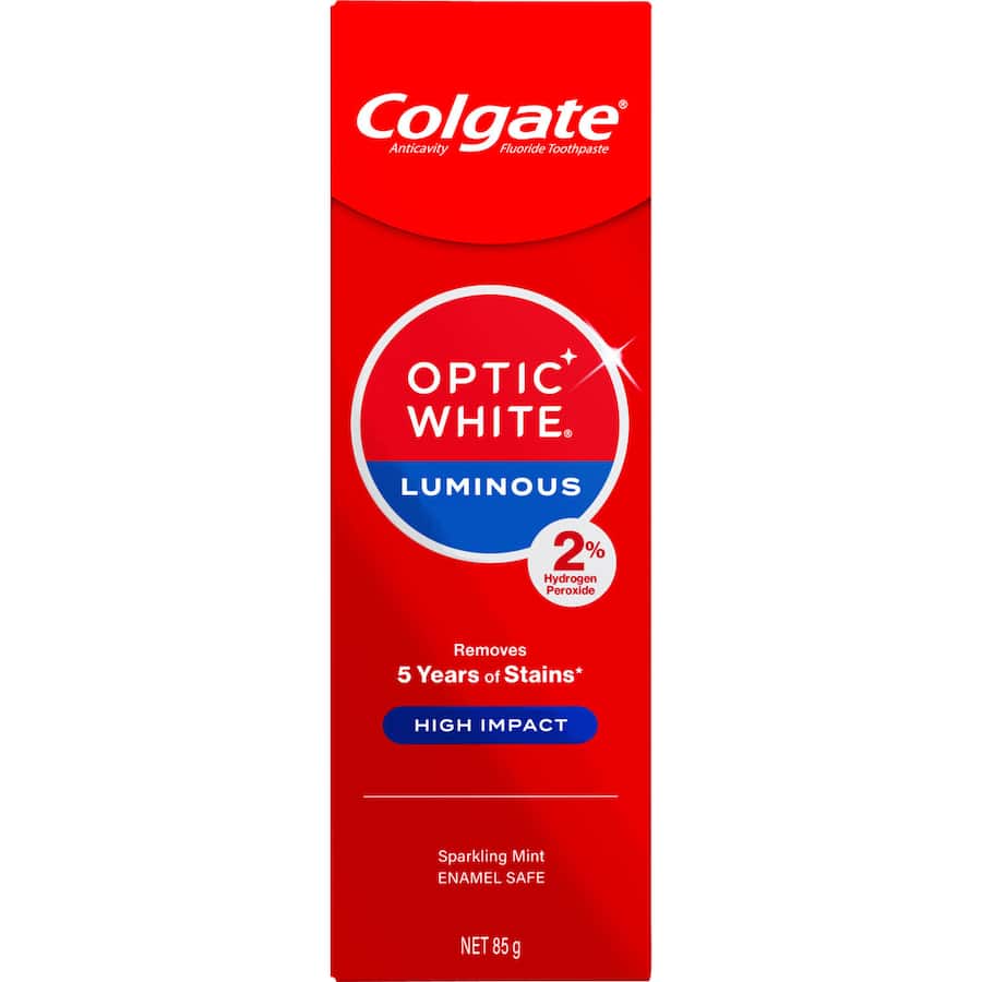 Colgate Optic White toothpaste tube showcasing high-impact teeth whitening for a radiant smile transformation.