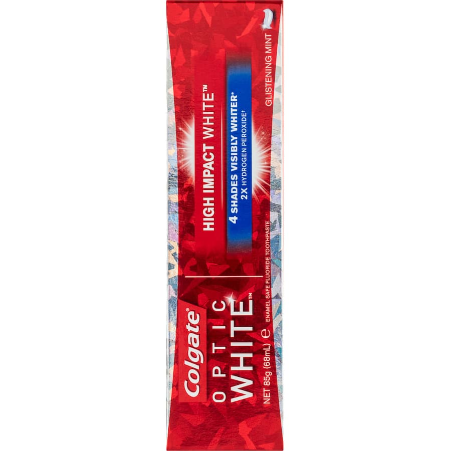 Colgate Optic White toothpaste for high-impact whitening, with 2x hydrogen peroxide for visibly whiter teeth in 6 weeks.