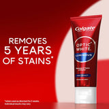 Colgate Optic White Toothpaste for high-impact whitening, delivering 4 shades whiter teeth with 2% hydrogen peroxide formula.