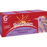 Yoghurt-coated sultanas in a 180g pack, offering a sweet and nutritious snack for all ages, gluten-free with no artificial colors.