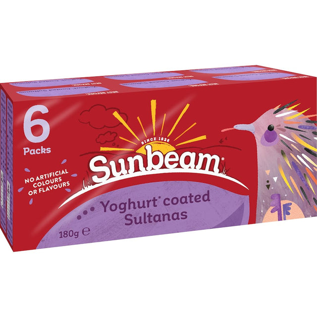 Yoghurt-coated sultanas in a 180g pack, offering a sweet and nutritious snack for all ages, gluten-free with no artificial colors.