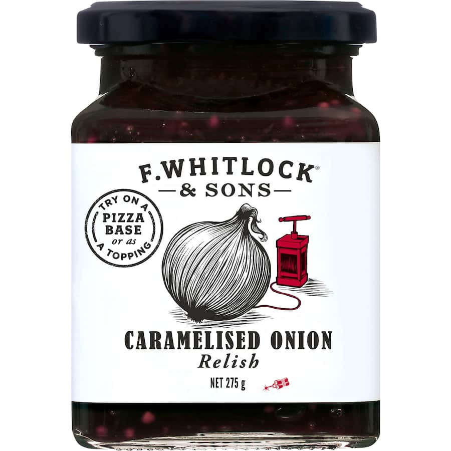 F. Whitlock & Sons Caramelised Onion Relish jar showcasing rich, sweet caramelised onions, perfect for gourmet dishes and cheese boards.