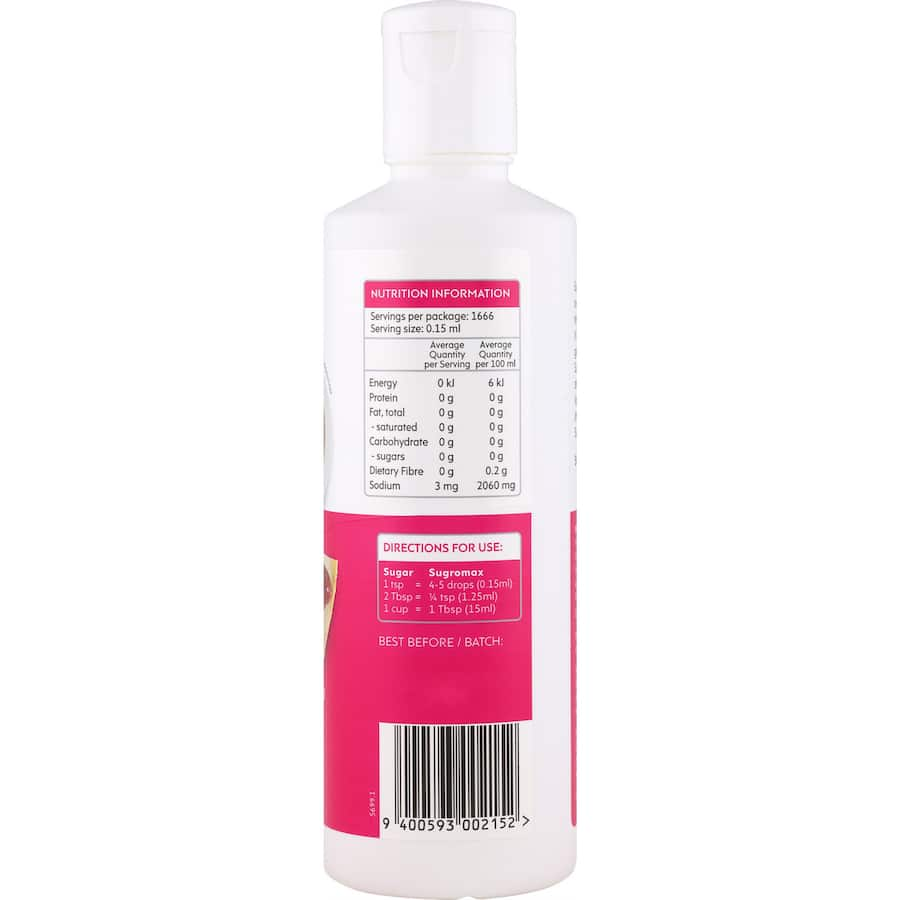 Sugromax Sugar Substitute Liquid Sweetener bottle, a concentrated, sugar-free, double-strength sweetener ideal for baking and beverages.