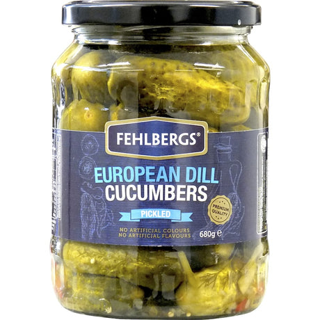 Fehlbergs Cucumbers European Dill: tangy, crisp pickles perfect for elevating salads, sandwiches, and charcuterie boards.