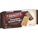 Delicious Arnotts Scotch Finger biscuits half-coated in smooth milk chocolate, perfect for indulgent snacking.