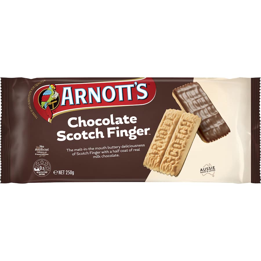 Arnotts Chocolate Scotch Fingers: traditional biscuits half-coated in rich milk chocolate for a delightful crunch.