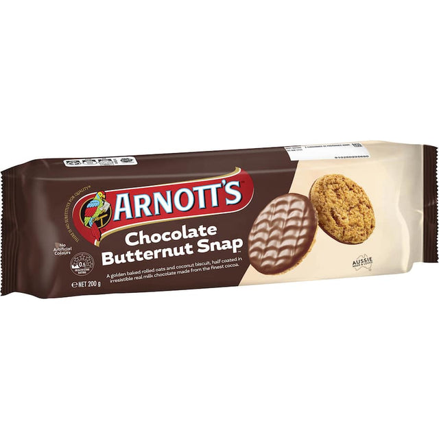 Crunchy Arnotts Butternut Snap biscuits with rolled oats, golden syrup, coconut, and a milk chocolate coating.