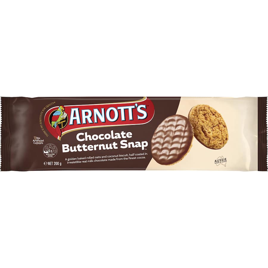 Crunchy Arnotts Butternut Snap biscuits with oats, coconut, and a rich milk chocolate coating, perfect for sweet indulgence.